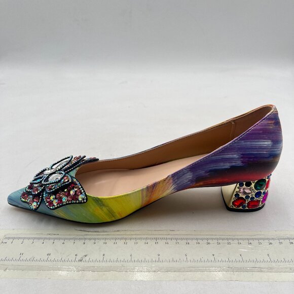 YDN Yellow Multi Pointed Toe Bow Pump Rhinestone Block Low Heel Butterfly Shoe - Picture 2 of 8